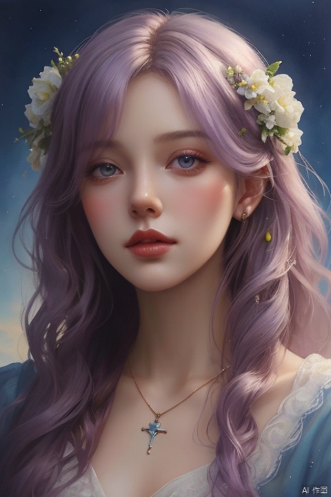  oil painting,detailed painting inspired by Charlie Bowater, 1girl, blooming exquisite necklace,her face is a lilac flower, dreamland, watercolor, Sky Fantasy