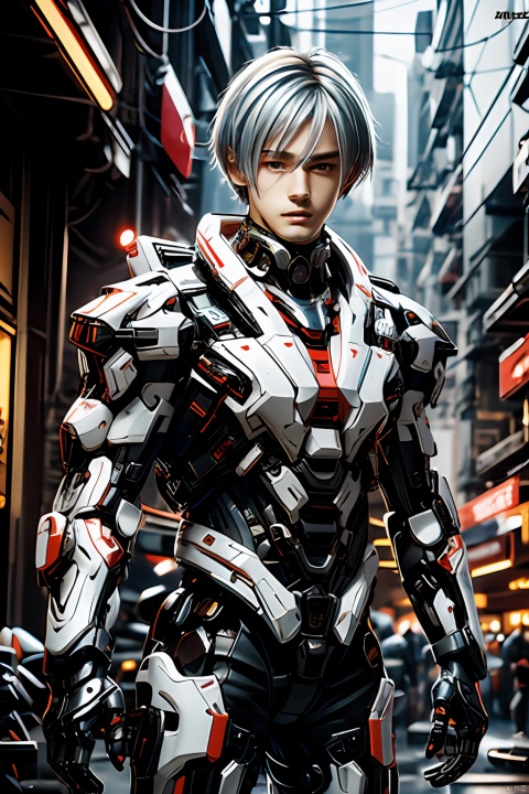  anime style of young boy\(20 years old\):1.5) with Red Mecha, silver hair, handsome, upper body, breathtaking, ,Cyberpunk background,illustration,flat color