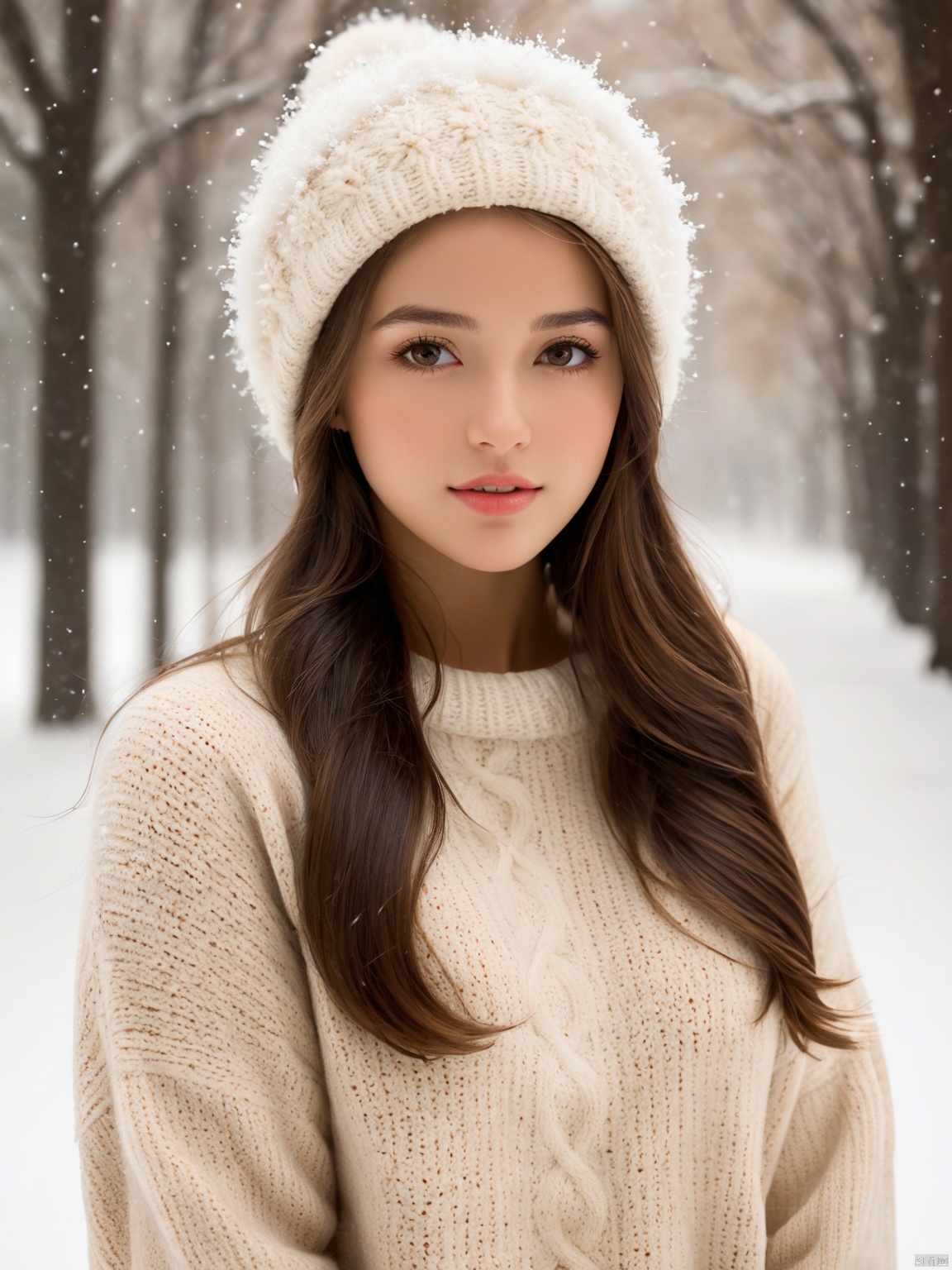 masterpiece, photorealistic of a girl, long hair, sweater, sweater hat,  (cute face, temptations look), snowing background, (sepia photography), (professional photo, balanced photo, balanced exposure),extremely beautiful detailed face, best shadow, medium breasts, white shirt, Face Score