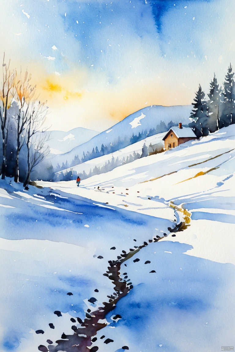  last snow, exhale white breath, goodbye for a while, watercolor painting illustration, traditional media, impressionism, rating:safe 4k, best quality, masterpiece