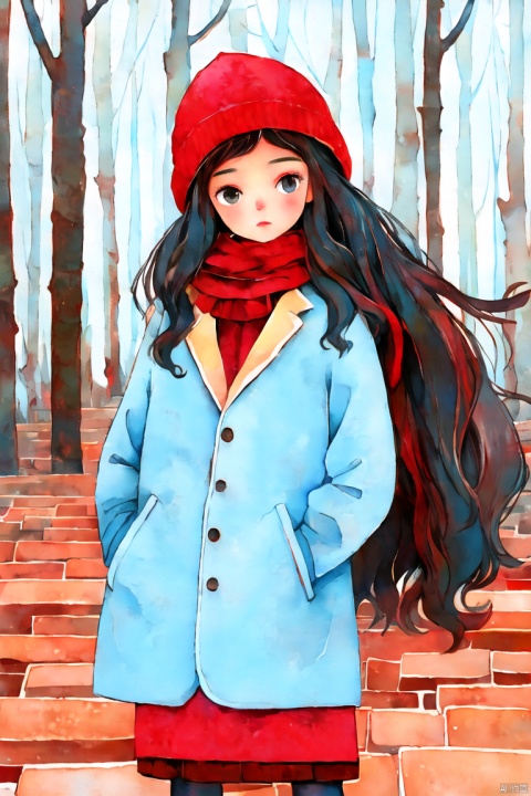 The image features a young girl sitting on a stool in a snowy forest. She is wearing a red hat and scarf, and her long black hair is blowing in the wind. She appears to be deep in thought, possibly contemplating the beauty of the snowy landscape around her.

The girl's outfit is warm and cozy, consisting of a red hat and scarf, with a blue coat to keep her protected from the cold. The colors in the image are muted and earthy, with shades of red, blue, and brown dominating the scene.

The quality of the image is excellent, with sharp details and a soft focus that adds to the overall ambiance. The snow on the ground is pristine and white, creating a serene and peaceful atmosphere.

From a technical standpoint, the image is well-composed and well-lit, with the girl sitting in the center of the frame and the snow-covered trees in the background providing a pleasing contrast. The use of natural light and soft shadows adds to the overall aesthetic of the image.
In terms of style, the image can be described as minimalist and moody, with a focus on the girl and the natural surroundings. The lack of distractions allows the viewer to fully appreciate the beauty of the scene.
Overall, this is an excellent image that showcases the photographer's skill in capturing the essence of a moment and creating a sense of atmosphere.