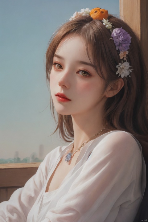  oil painting of a woman (hugan an orange cat), lying, detailed painting inspired by Charlie Bowater, blooming exquisite necklace, 4 k detailed fantasy, white silver painting, her face is a lilac flower, dreamland, watercolor, Sky Fantasy