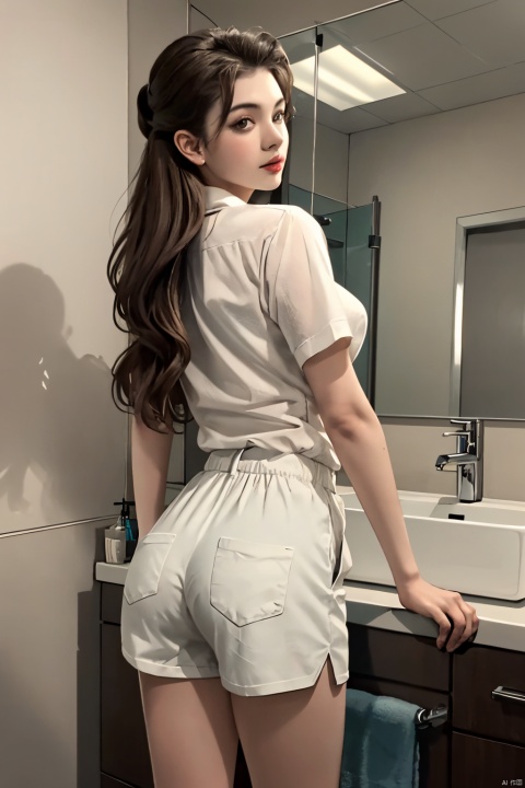 1girl,solo,long hair,looking at viewer,brown hair,shirt,black hair,brown eyes,white shirt,ass,shorts,looking back,indoors,from behind,lips,short shorts,white shorts,realistic,bathroom,sink,faucet, ROC Charm