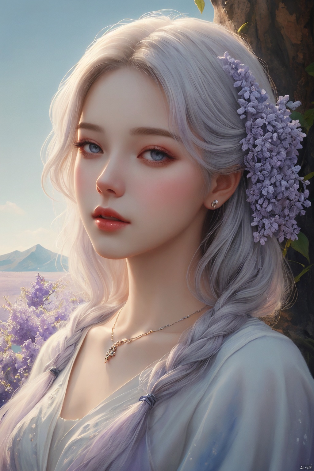  oil painting,detailed painting inspired by Charlie Bowater, white silver painting, fantasy,dreamland, 1girl, blooming exquisite necklace, her face is a lilac flower, watercolor, Sky Fantasy