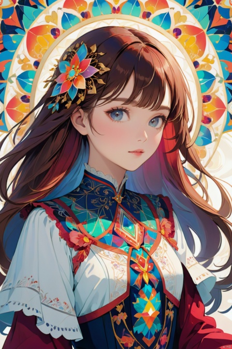 Majestic Portrait of a Maiden: A stunning 8k wallpaper featuring a super detailed and beautifully illustrated 1-girl-head on a crisp white background. Delicate lines and intricate details adorn the subject's features, set against a kaleidoscope of bright, romantic colors. The overall aesthetic exudes a sense of mystique and allure, reminiscent of Mtianmei's signature style.
