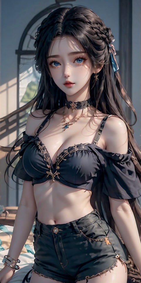  nai3, 1girl, shorts, solo, crop top, black shorts, choker, blue eyes, black hair, navel, shirt, midriff, crop top overhang, looking at viewer, white shirt, jewelry, breasts, cowboy shot, bare shoulders, short shorts, off-shoulder shirt, off shoulder, black choker, thighs, stomach, hand on own thigh, long hair, bracelet, short sleeves, ribbon, hand up, collarbone, hair ribbon, medium breasts, standing, high-waist shorts, dolphin shorts, bra strap, closed mouth, hair ornament, thigh gap, bangs, necklace, expressionless,, , jiangli, Light master