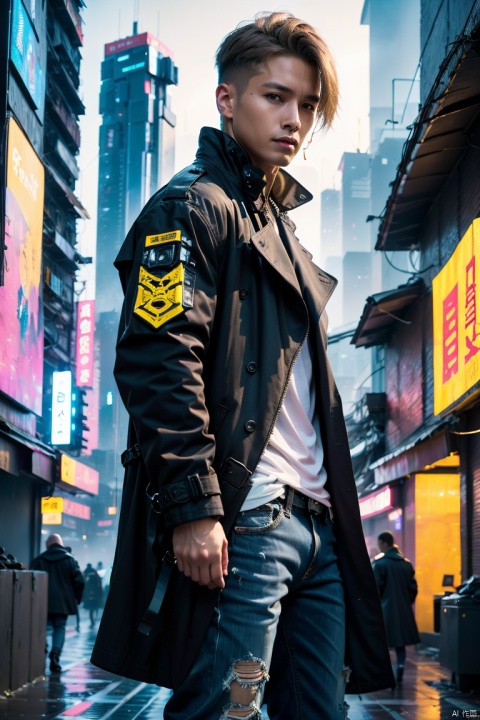  (best quality), ((masterpiece)), (highres), illustration, original, extremely detailed, male focus, 1boy\(cyberpunk, 18 years old\), muscular male, whirte t-shirt, black trench coat, jeans, boots, warming, short silver hair, necklacer, building, cityscape, clothing cutout, (cropped jacket), cyberpunk, from side, dramatic, key visual, vibrant, highly detailed, Zotac aso