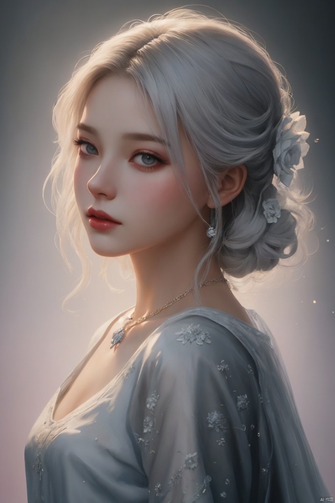  oil painting,detailed painting inspired by Charlie Bowater, white silver painting, fantasy,dreamland, BREAK, 1girl, blooming exquisite necklace, her face is a lilac flower, watercolor, Sky Fantasy