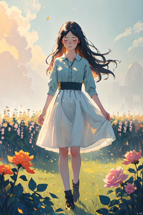  A melancholic autumn scene in a vast flower field,a gentle breeze rustling through the dry grass,fallen leaves scattered among the flowers, a bittersweet atmosphere, a moment of quiet contemplation,1girl,long hair,white_skirt, high-waist_shorts, outfit ,roses,(dynamic angle:1.1),vivid,Soft and warm color palette, delicate brushwork, evocative use of light and shadow, wide shot,subtle details in the wilting flowers,high contrast,color contrast,at night,shadow, CGArt Illustrator, Gauze Skirt, Light master