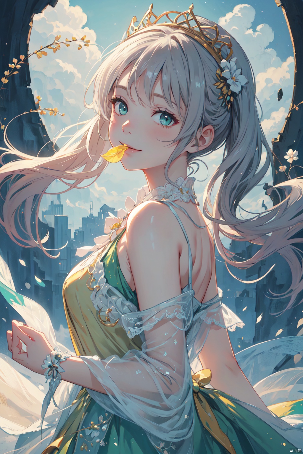  (masterpiece, extremely detailed 8k wallpaper,best quality), (best illumination, best shadow, extremely delicate and beautiful), dynamic angle, floating, finely detail, Depth of field (bloom), (shine), glinting stars, classic, (illustration), (painting), (sketch), 1 Girl, twintails, wear gogerous dress, riches, a smile, shy, headwear, gems, fairy, satin, streamers, clouds, sunshine, light green background, masterpieces, winter, With a flower in his mouth, TT,starry sky