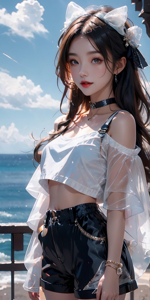  cowboy shot, Blue sky, white clouds, ocean,nai3, 1girl, shorts, solo, crop top, black shorts, choker, navel, shirt, midriff, crop top overhang, looking at viewer, white shirt, jewelry, breasts, bare shoulders, short shorts, off-shoulder shirt, off shoulder, black choker, thighs, stomach, hand on own thigh, long hair, bracelet, short sleeves, ribbon, hand up, collarbone, hair ribbon, medium breasts, standing, high-waist shorts, dolphin shorts, bra strap, , hair ornament, thigh gap, necklace, expressionless, , ,kind smile, , xiaoyixian,white_hair, Light master, (\meng ze\), mLD