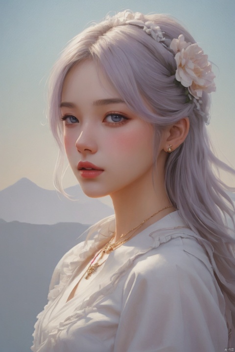  oil painting with a litter watercolor style,detailed painting inspired by Charlie Bowater, white silver painting, BREAK, 1girl, blooming exquisite necklace, her face is a lilac flower, Sky Fantasy