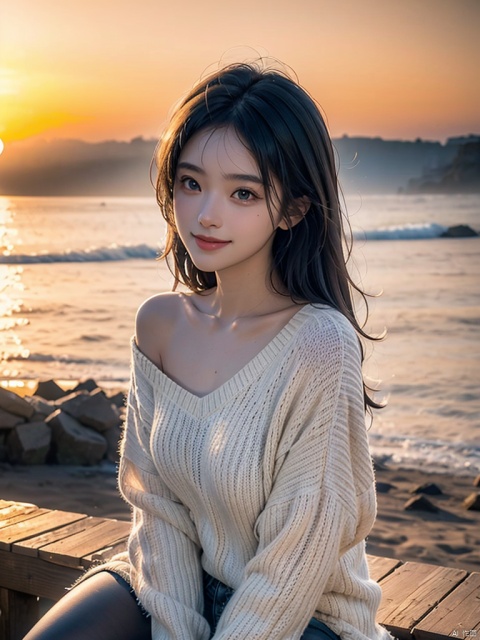 (photorealistic:1.4),realistic,atmospheric depth, masterful technique, naturalistic representations, harmonious composition, creative refinement, striking juxtapositions,
(1girl, young beauty),upbody, sitting, smile, looking at viewer, from above, sharp focus, oversized_sweater, shoulder,
((sunset)),volumetric fog, outdoors, backlight, boyfriend, pantyhose,Light master, Sky Fantasy