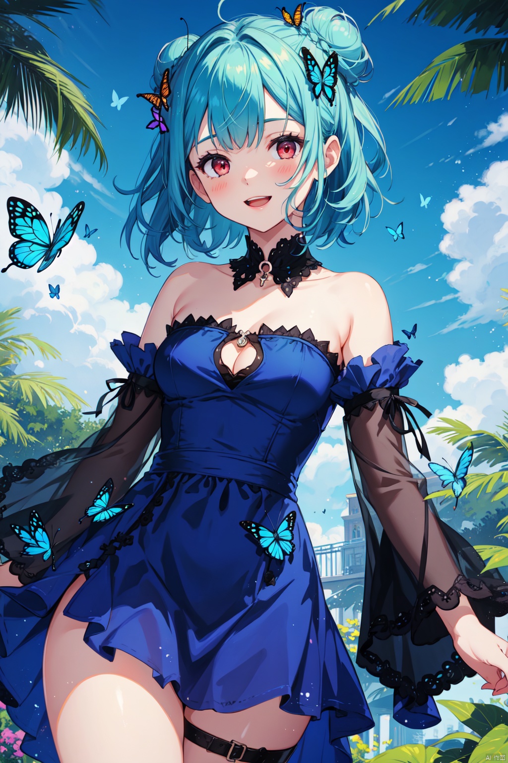  1girl, uruha_rushia, solo, hair_bun, double_bun, dress, virtual_youtuber, butterfly_print, butterfly, blue_dress, bug, animal_print, short_dress, green_hair, detached_sleeves, open_mouth, blue_butterfly, looking_at_viewer, blush, frilled_dress, smile, wide_sleeves, short_hair, hair_ornament, frills, red_eyes, skull_hair_ornament, bangs, from_below, glowing_butterfly, long_sleeves, multicolored_hair, blue_hair, breasts, cowboy_shot, thighs, blue_sleeves, brooch, gradient_hair, strapless, cleavage_cutout, small_breasts, flat_chest