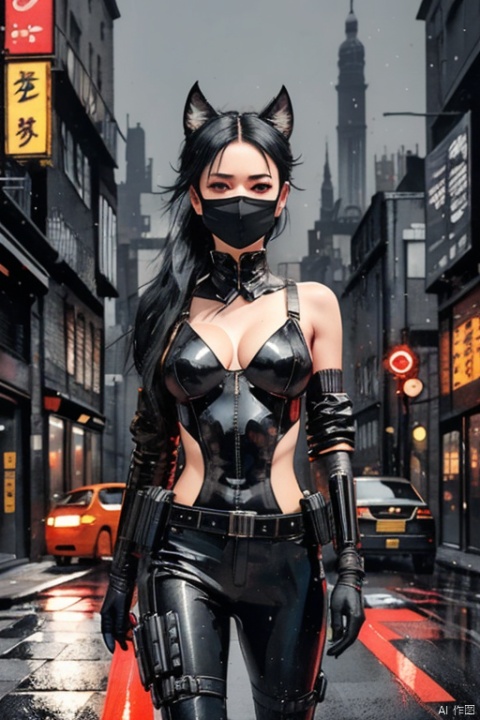  cyberpunk cityscape, a girl dressed in an elegant black suit, who has the( mask of a kitsunes blak_red:1.4), holding a baseball bat on his shoulder, with black leather gloves, 8k quality, in a medium shot on a background of a night city. digital art and illustration by greg rutkowski, trending pixiv, award winning cinematic dramatic lighting closeup portrait studio photography hyperrealistic very detailed 4K HDR volumetric lightrays octane render ultra, greyscale, , neon lights, dark alleys, skyscrapers, futuristic, vibrant colors, high contrast, highly detailed,tamamo (fate),fox girl,medium breasts,(cowboy shot),(nsfw:0.9)