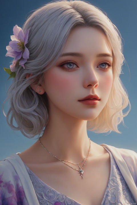  oil painting,detailed painting inspired by Charlie Bowater, white silver painting, 1girl, blooming exquisite necklace, her face is a lilac flower, watercolor, Sky Fantasy