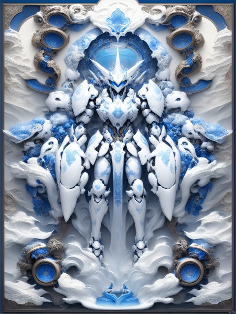 A blue-and-white porcelain mech with a smooth surface like fine china, intricate details and traditional Eastern art style, high-definition image of the most beautiful artwork in the world featuring blue-and-white porcelain mech with smooth surface, full shot body photo of the most beautiful artwork in the world featuring blue-and-white porcelain mech with smooth surfac, (masterpiece,best quality,ultra-detailed, absurdres)