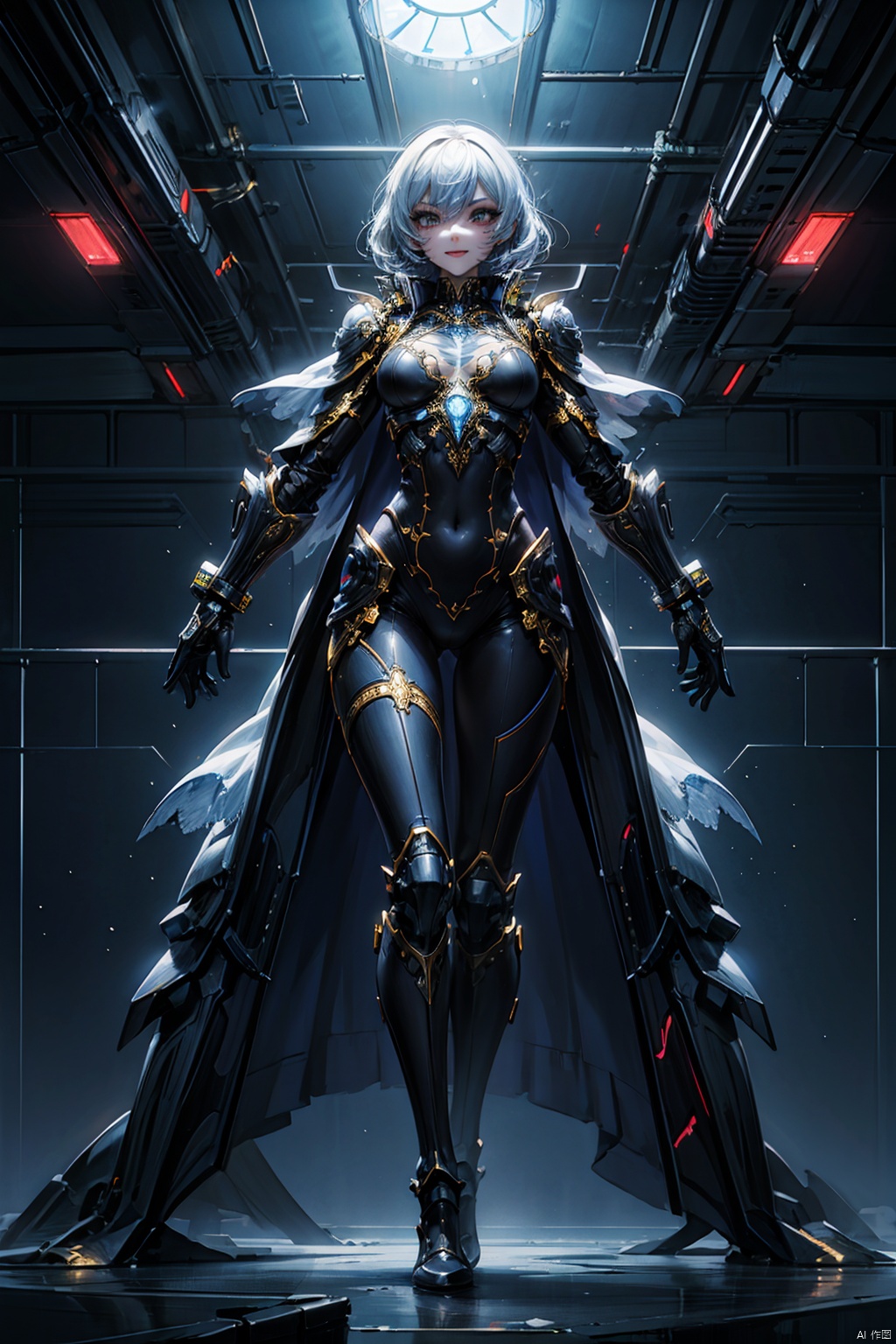  surreal photography of A Hi-Tech Cyberpunk joker wearing futuristic white armor, evil smile, cape, ultra high resolution, 8k photography, extremely detailed, intricate armor, golden filigree, futuristic design, shining body, fullbody_view, perfect custom Hi-Tech suit, intricate armor, detailed texture, soft lighting, Movie Still, fantasy, 1girl