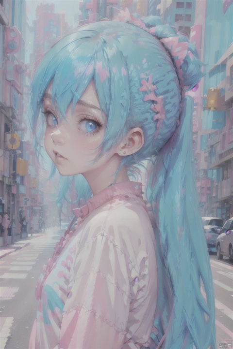  cyberpunk city,1girl,solo,looking at viewer,ponytail,long hair,multicolored hair,blue hair,pink hair,earrings,jewelry,parted lips,blue eyes,upper body,from side,lips, kawaiitech,pastel colors,kawaii