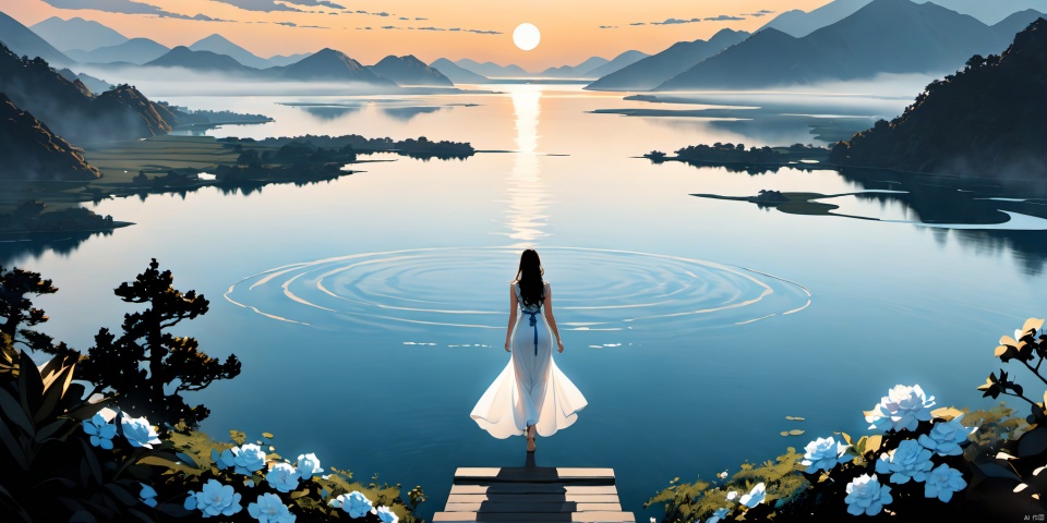  1girl standing on lake,vrey long hair,standing,from behind,back view,long dress,full body,chinese dress,lake,lake water,water ripple,Long Range Composition,Long shot(LS),from above,moon,Edgelight,Backlight,blue white theme,Chinese Ink Painting style,mountain at far,fog,flowers and plant at nearest,masterpiece,best quality,Rose, jasmine, platycodon,walking,white dress,lace_trim,bare_foot,