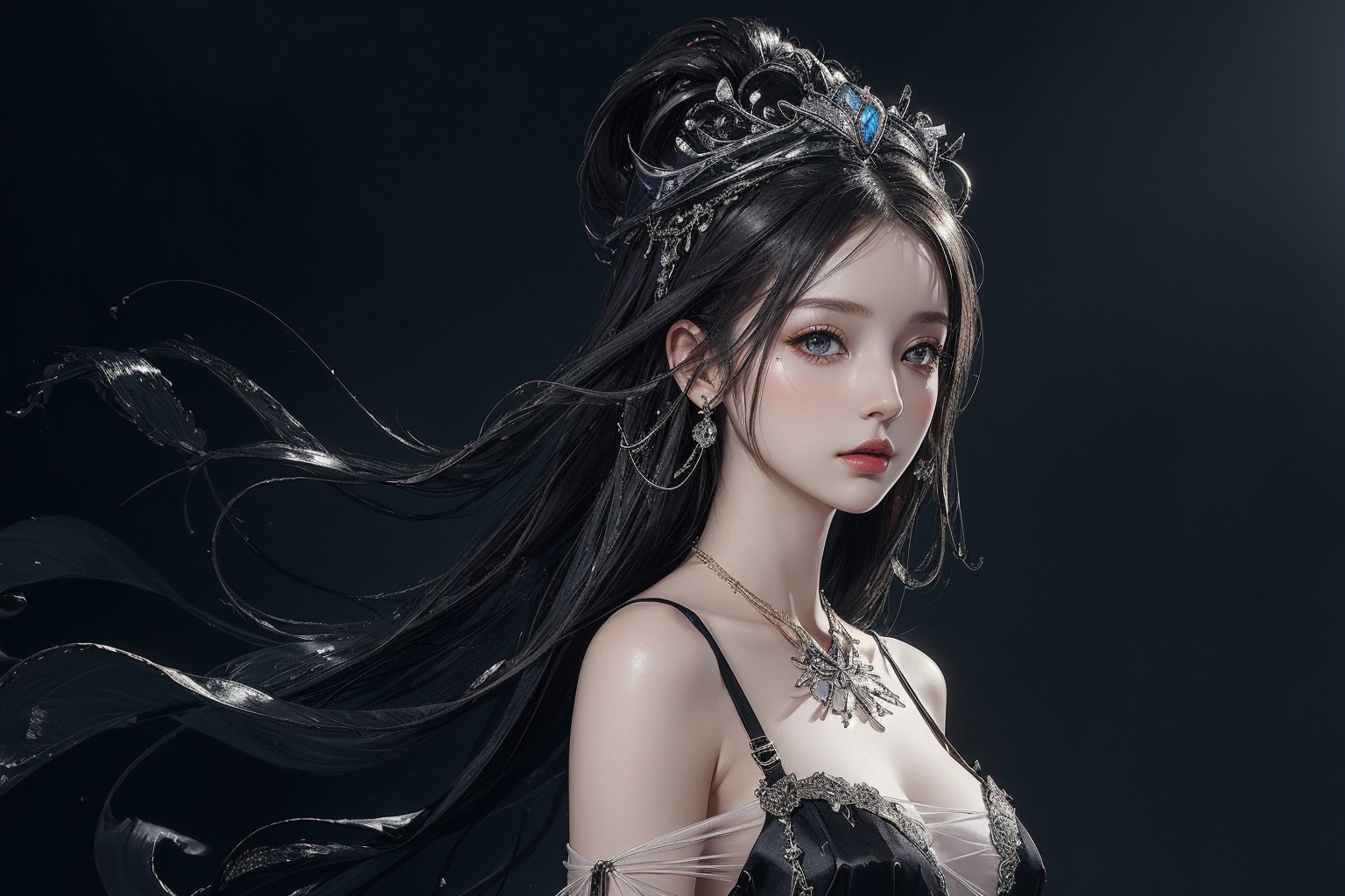 (((masterpiece,best quality))),((good structure,Good composition,good atomy)), ((clear, original,beautiful)),,1girl, long hair,fantasy black theme,looking_at_viewer,see-through,
