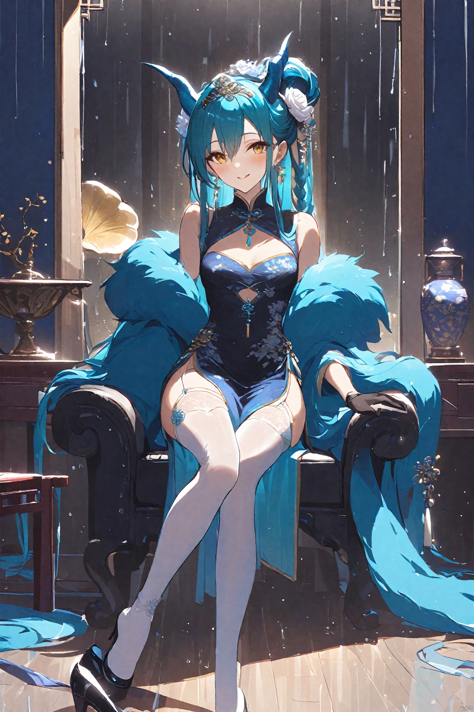  {{master piece}},best quality, baiwe7033 style,1girl,solo,standing on windows,raining outside,nishang,nishang clothes,white blue theme,Bridal gloves, bridal veil, bridal headdress, jewelry, hair bun, very long hair, hair tubes, long braids,sitting on chair,thighhighs, breasts, dress, looking at viewer, single shoe, sitting, green hair, high heels, flower, white thighhighs, vase, shoes, hair ornament, full body, yellow eyes, phonograph, official alternate costume, shoes removed, gloves, bangs, smile, black dress, black gloves, jewelry, open mouth, medium breasts, black footwear, indoors, white flower, garter straps, mirror, bare shoulders, lamp, small breasts, reflection, short hair, table, window, fur trim, no shoes, horns, chinese clothes, ribbon, cleavage, chair, bottle, aqua hair, hair flower, blue hair, medium hair, knee up, hair between eyes, long hair, shoe dangle, china dress, off shoulder, lantern, leg up, side slit, earrings, book, feather boa, blush