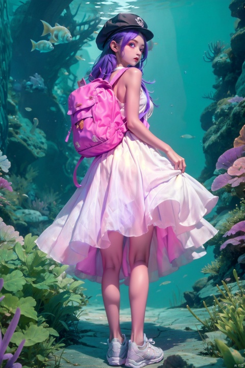 AS71033 STYLE, 1girl, fish, backpack, bag, dress, hat, solo, white footwear, bubble, shoes, standing, long hair, holding, looking at viewer, horns, purple eyes, from behind, sleeveless, animal, underwater, air bubble, purple hair, sneakers, indoors, looking back, socks, white dress, sleeveless dress, child, blue dress