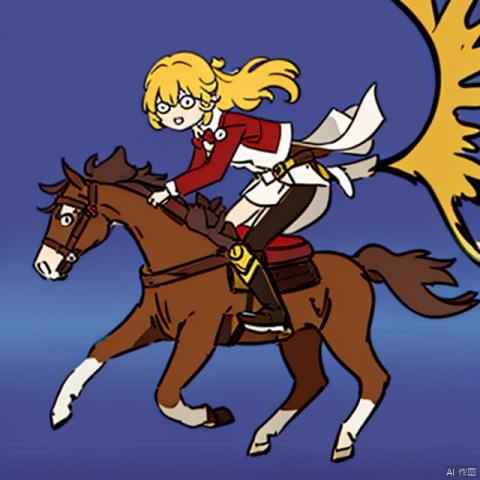1girl,silly style,riding a horse,red yellow theme,
