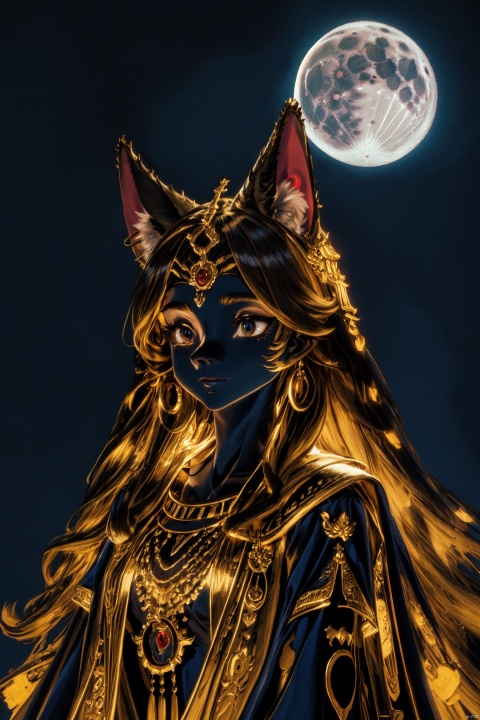  girls, egyptian princess, thin,gold jewelry,, (shiny skin:0.8), tera kas,masterpiece,best quality,in the dark,deep shadow,night,moon,river,furry,animal ears,