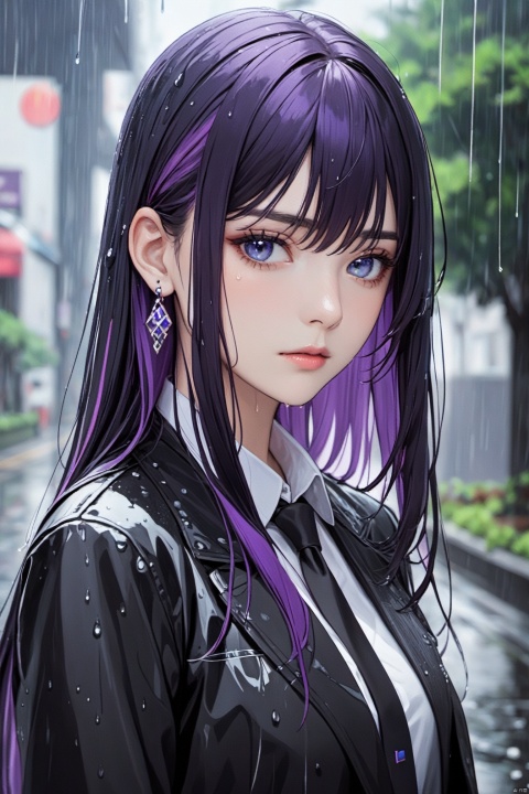  1girl,shirt,solo,necktie,rain,blue eyes,long hair,jewelry,jacket,earrings,black necktie,looking at viewer,black hair,collared shirt,black jacket,upper body,closed mouth,purple hair,multicolored hair,outdoors,bangs,open jacket,wet,background,open clothes,colored inner hair,hair between eyes,
