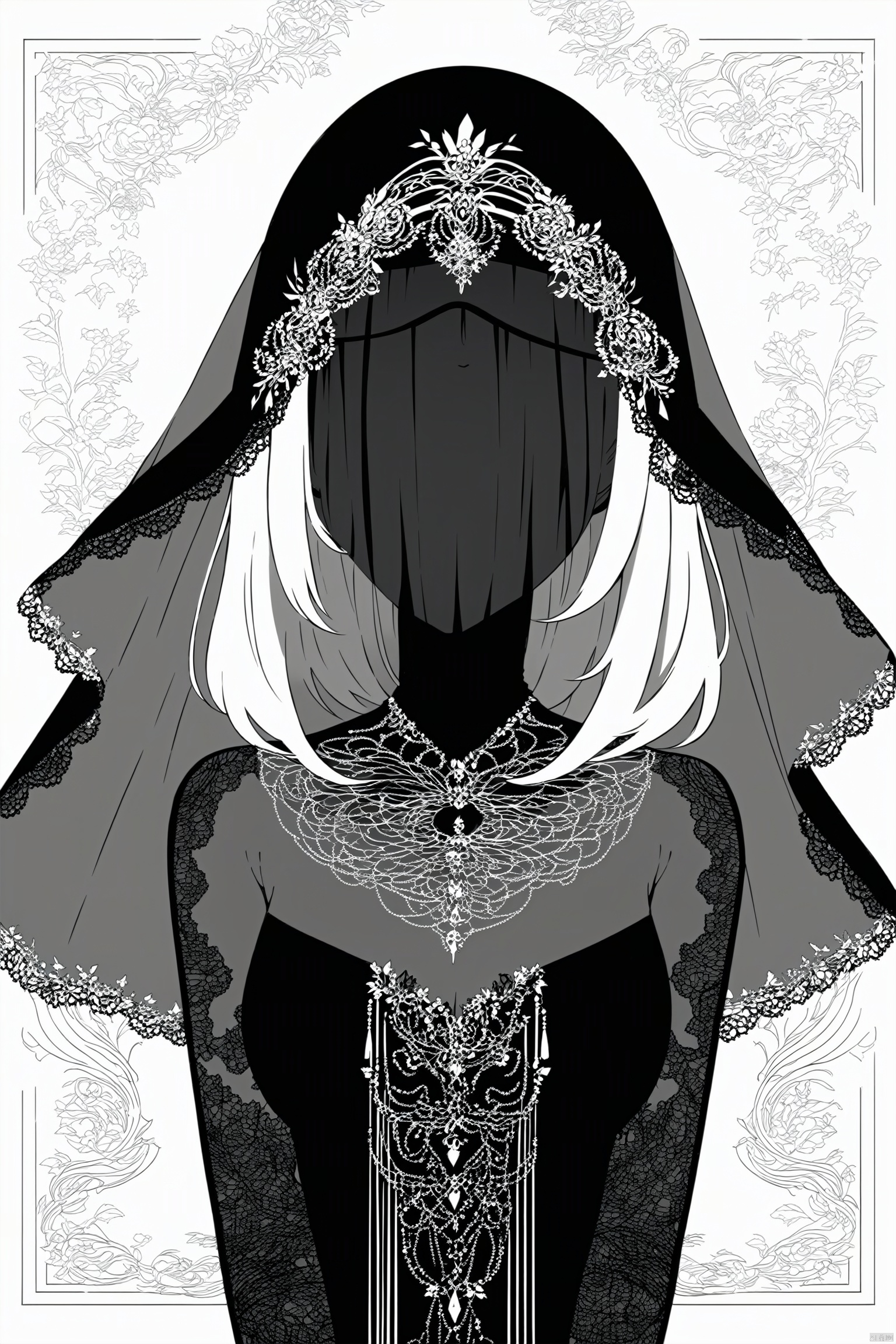  best quality,line art,line style,
the essence of a woman's face,partially obscured by a black veil.as style