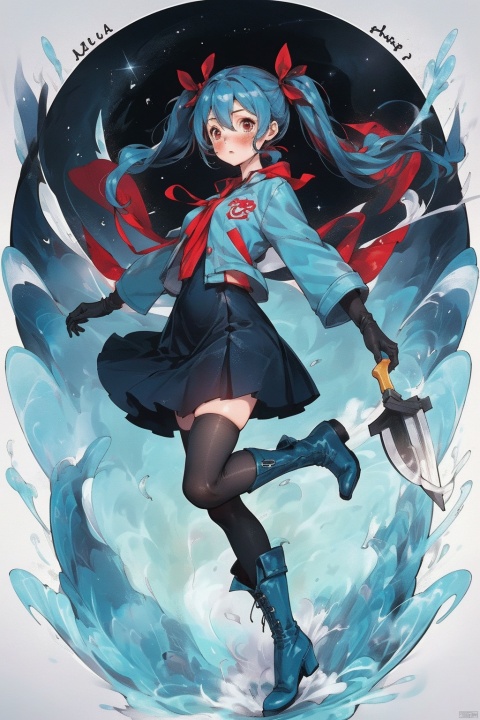 AS71033 STYLE, 1girl, thighhighs, blue hair, gloves, red eyes, hair ornament, solo, twintails, breasts, looking at viewer, full body, black thighhighs, boots, bangs, long hair, black gloves, chinese text, standing, hair between eyes, dress, holding, grey footwear, ribbon, skindentation, closed mouth, english text, character profile, weapon, hair ribbon, zettai ryouiki, gun, jacket, red ribbon, see-through, character name, long sleeves, bag, blush