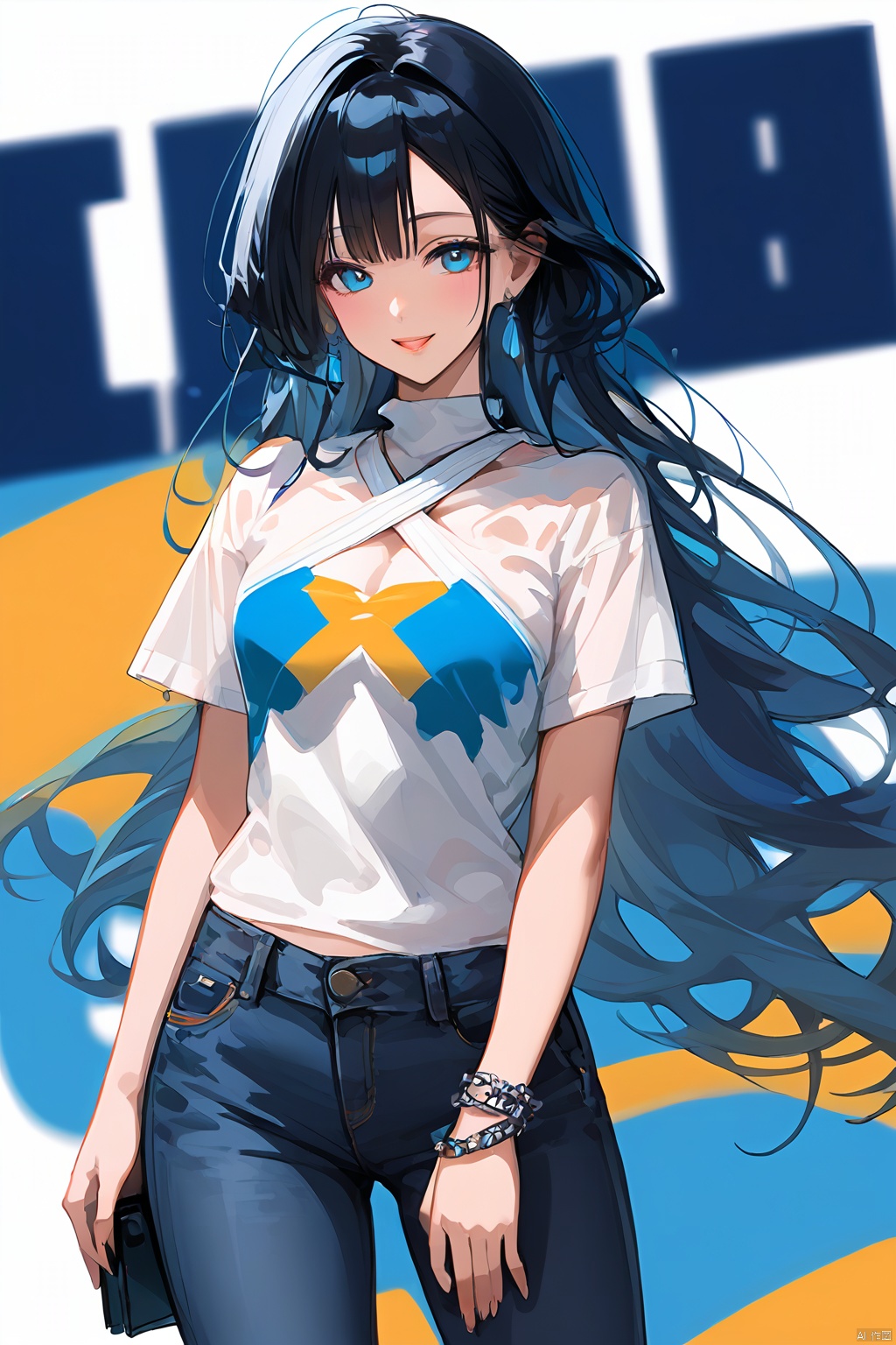  criss-cross halter, dress, image features a young woman posing against a white background. She is dressed in a casual yet stylish outfit, consisting of a white t-shirt adorned with a colorful graphic design and blue jeans. The jeans have a unique paint splatter pattern, adding an artistic touch to her ensemble. To complete the look, she has chosen black lace gloves that reach up to her elbows, giving her outfit a touch of elegance.

She has styled her hair in loose waves, which frame her face beautifully. Her makeup is minimalistic, with just a hint of pink on her lips and cheeks, enhancing her natural beauty. In one hand, she holds a black purse, while the other hand rests gently on her hip.

The overall composition of the image suggests a sense of confidence and style. The woman’s pose and attire indicate a modern, fashion-forward individual. The use of color and pattern in her clothing adds visual interest, making her stand out against the plain white backdrop. The image does not contain any text or additional objects, focusing solely on the woman and her striking appearance.