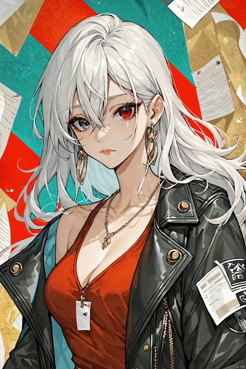 (score_9,score_8_up,score_7_up,score_6_up,score_5_up,score_4_up） 
paper background,((white hair)),paper background,1girl,long hair,solo,(red eyes),jewelry,looking at viewer,earrings,jacket,upper body,breasts,vest,bangs,grey eyes,closed mouth,sleeveless,shirt,collarbone,red shirt,hair between eyes,bare shoulders,necklace,white hair,open clothes,cleavage,medium breasts,open jacket,black jacket,lips,sleeveless jacket,,looking at viewer,