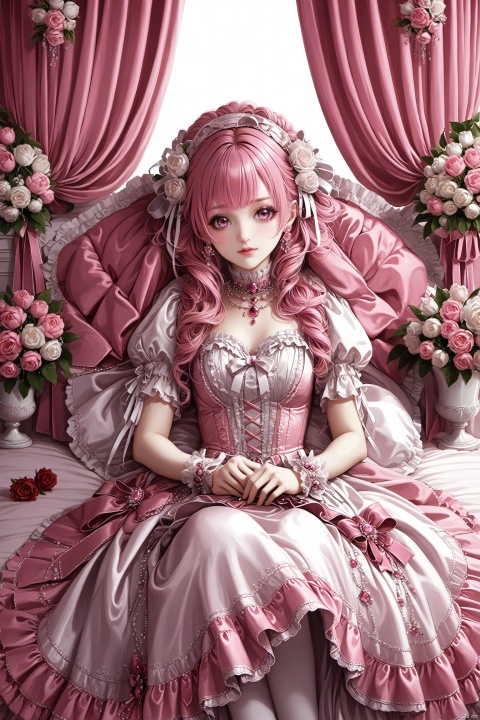  1girl,flowers, jewerly,cowboy shot,ASF, NVZ,lolita_fashion,syd,indoors,bed,laying down, pink white theme,