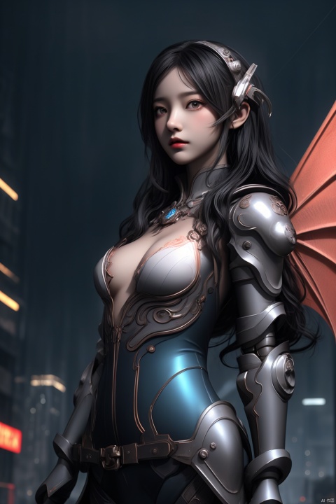  {{master piece}},best quality,illustration,1girl,small breast,beatiful detailed eyes,beatiful detailed cyberpunk city,flat_chest,beatiful detailed hair,wavy hair,beatiful detailed steet,mecha clothes,robot girl,cool movement,sliver bodysuit,{filigree},dargon wings,colorful background,a dragon  stands behind the girl,rainy days,{lightning effect},beatiful detailed sliver dragon arnour,（cold face）, myinv, (\lang lang\), gao
