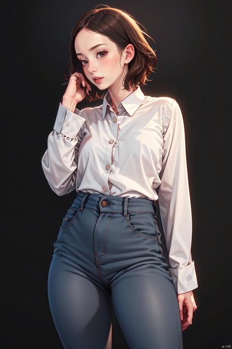  best quality, masterpiece, ultra-detailed, moody lighting, 1girl, solo, shirt, pants, brown hair, white shirt, black pants, brown eyes, realistic, long sleeves, standing, lips, cowboy shot, collared shirt, arm at side, puffy sleeves, short hair, simple background, high-waist pants, looking to the side, medium hair, grey background, nose, hand up, shirt tucked in