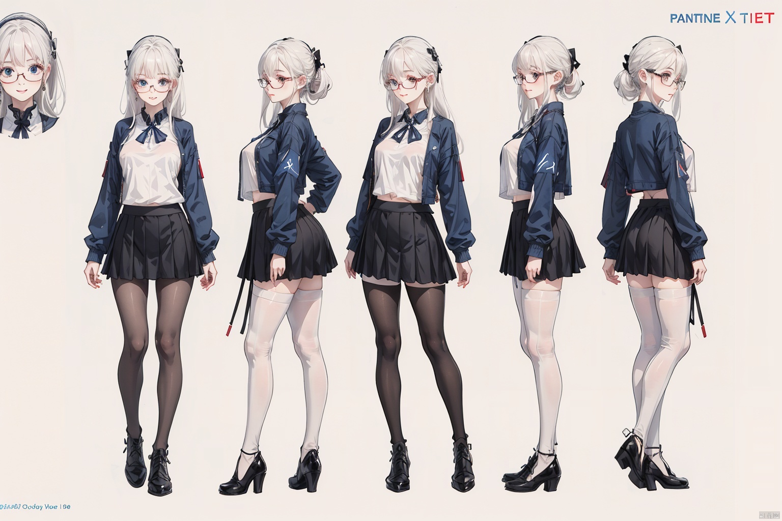  1girl,blue_eyes,white_hair,character_name,((character_sheet)),expressions,glasses,long_hair,((multiple_views)),pantyhose,skirt,smile,standing,turnaround,