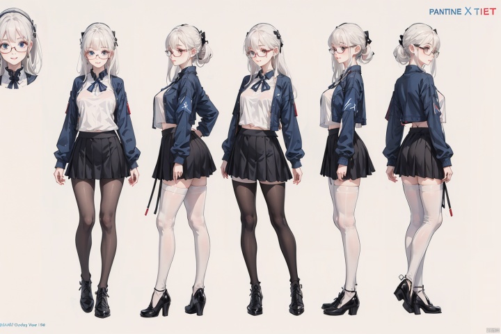  1girl,blue_eyes,white_hair,character_name,((character_sheet)),expressions,glasses,long_hair,((multiple_views)),pantyhose,skirt,smile,standing,turnaround,