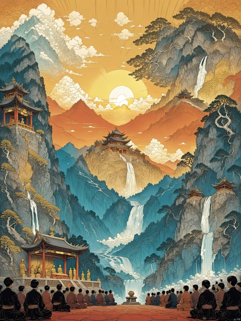 In a sky cluttered with clouds, a colossal Chinese bell floats. Golden sunset rays bathe the bell, adorned with ancient patterns. Waterfalls cascade down floating mountains in the distance. Near, on a mountain peak altar, a crowd faces the bell, assuming meditative postures.line art，line style，