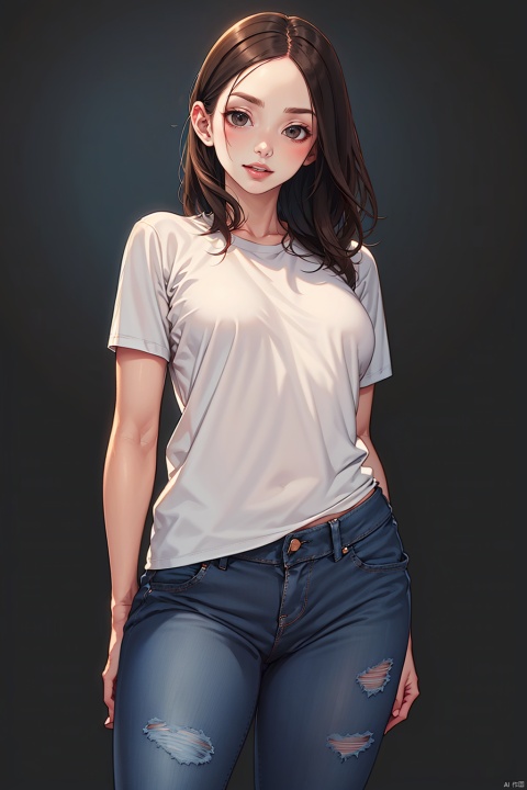  best quality, masterpiece, ultra-detailed, moody lighting,   1girl, solo, denim, pants, shirt, arms at sides, jeans, brown eyes, white shirt, looking at viewer, parted lips, brown hair, short sleeves, long hair, cowboy shot, standing, breasts, lips, blue pants, medium breasts, black background, realistic, forehead, simple background, t-shirt, torn pants, torn jeans, grey background, teeth, parted bangs