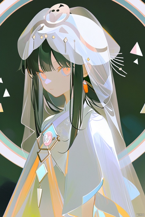  a gongbi painting of a 20 years old black long hair Chinese girl, Cute and beautiful girl, wearing a white wedding dress and a white veil on her head, pink and tender, half body, looking at the camera, extremely minimalism portrait, geometric shapes, matte light black background, in the style of crisp neo-pop illustrations, animated gifs, dolly kei, cartoon-like characters, baiwe7033 style