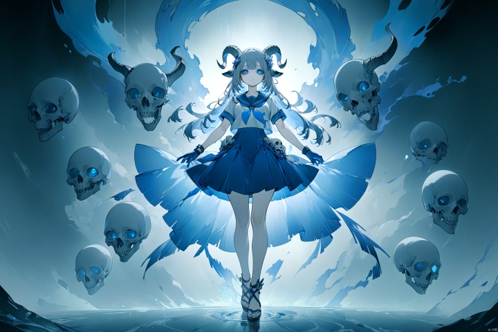  masterpiece,best quality,
(full body),standing,looking at viewer,(solo),
(1girl:1.5),solo,serafuku,lycoris flower,(goat skull:1),(horror),
(gloomy),(blue pigment:1.33),(hollow eyes:1),(expressionless
eyes),cowboy shot,ghost behind,floating animal skull,
(hanya, hair ornament:1.1),1girl,gloves,breasts,toenail
polish,makeup,( good hands, nice hands:0.5),(beautiful face),
((intricate detail)),clear face,