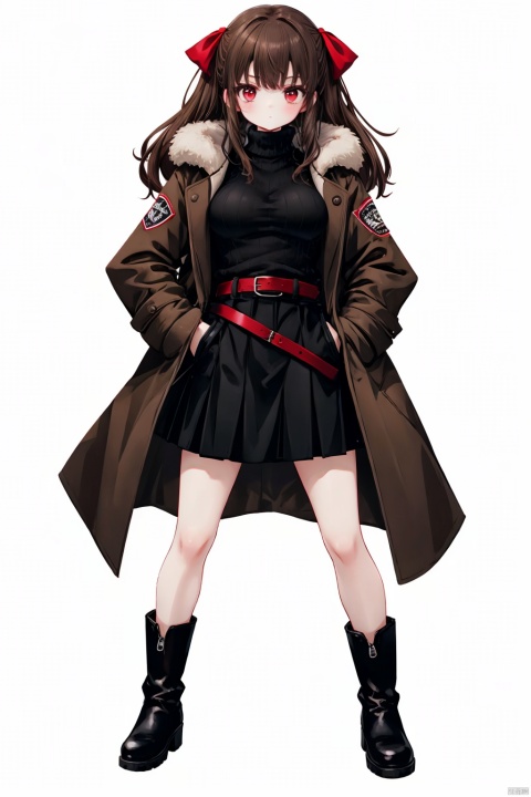  , 1girl, solo, sweater, skirt, full body, brown hair, white background, coat, simple background, hands in pockets, black footwear, looking at viewer, boots, brown coat, ribbed sweater, belt, standing, long hair, open coat, turtleneck, hair ribbon, breasts, turtleneck sweater, black skirt, ribbon, bangs, red ribbon, trench coat, long skirt, long sleeves, open clothes, red eyes, brown sweater