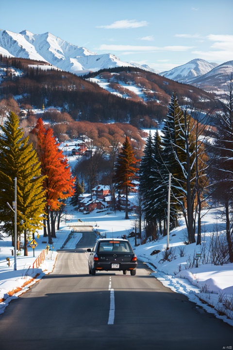 outdoors7033,outdoors,white car,blue skya,white cloud,black road,white snow mountain,deep green trees,a(((masterpiece,best quality))),OUT7033