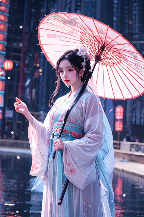  A girl wearing Hanfu, Chinese style, holding an umbrella, by the lake, with detailed depictions, dreamy, Ink scattering_Chinese style