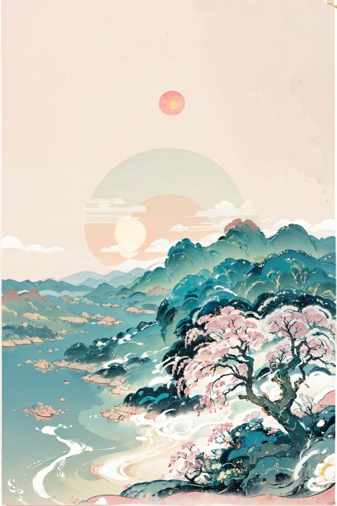  ((masterpiece)),((best quality)),1girl, traditional Chinese painting,inkwash painting,mountain,cloud,river,flower,tree,,pink sun, white and yellow, traditional chinese,clouds, green and blue tone,,curved white background, chinese style