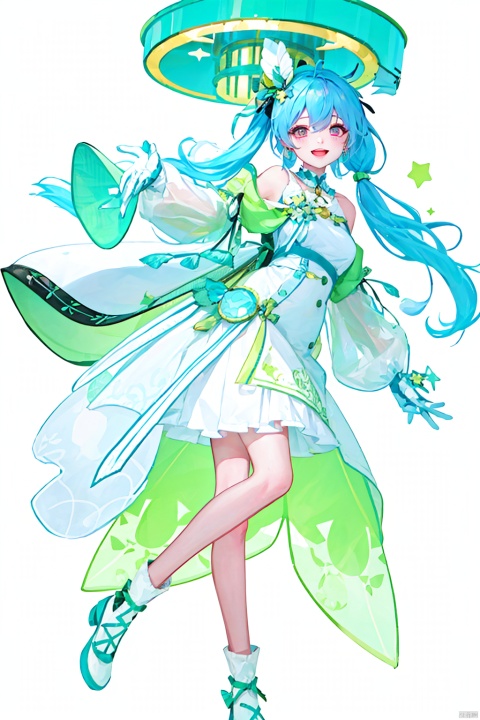 thinbaby,1girl, see-through, long hair, white background, green hair, very long hair, see-through skirt, open mouth, see-through dress, dress, ahoge, simple background, jewelry, smile, green eyes, see-through sleeves, colored eyelashes, looking at viewer, earrings, hair ornament, standing, colored skin, gloves, :d, twintails, thin body, full body, solo, 1girl