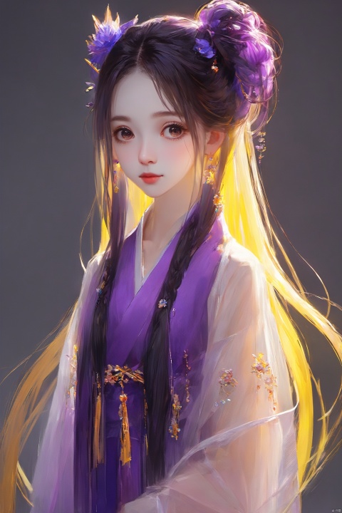  nishang, 1girl, qingsha,,purple yellow theme,standing ,in the dark,simple background,upper body, looking at viewer,long colorful hair,(((masterpiece,best quality))),((good structure,Good composition,good atomy)), ((clear,original,beautiful)),