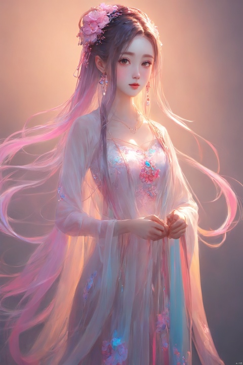 nishang, 1girl, qingsha,,white pink theme,standing ,in the dark,simple background,upper body, looking at viewer,long colorful hair,see through,(((masterpiece,best quality))),((good structure,Good composition,good atomy)), ((clear,original,beautiful)),